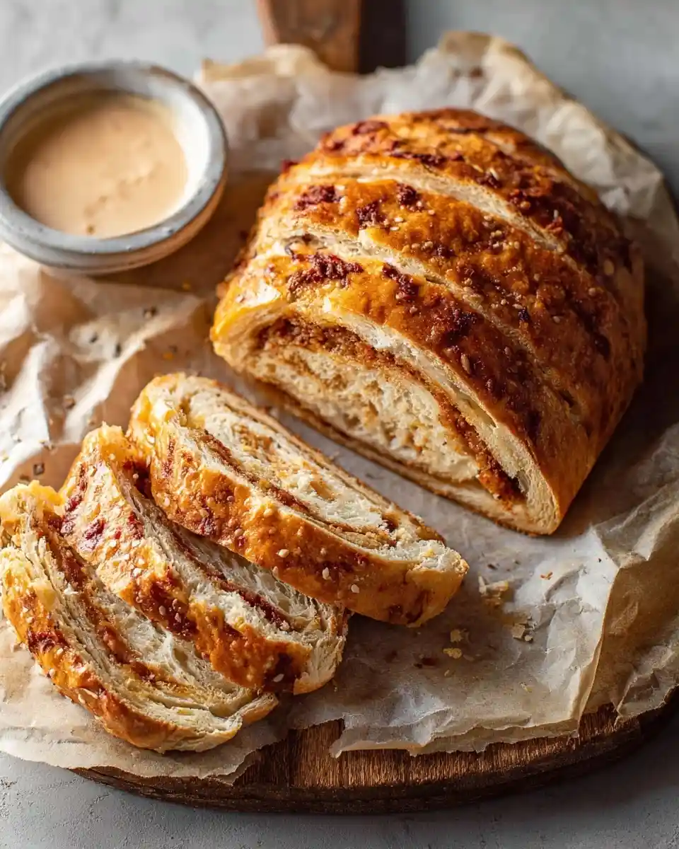 Freshly baked savory stuffed bread sliced on parchment paper alongside a small bowl of creamy dipping sauce.