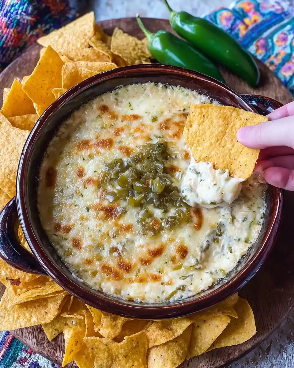 Hand dipping a tortilla chip into a warm, cheesy jalapeno popper dip garnished with green peppers.