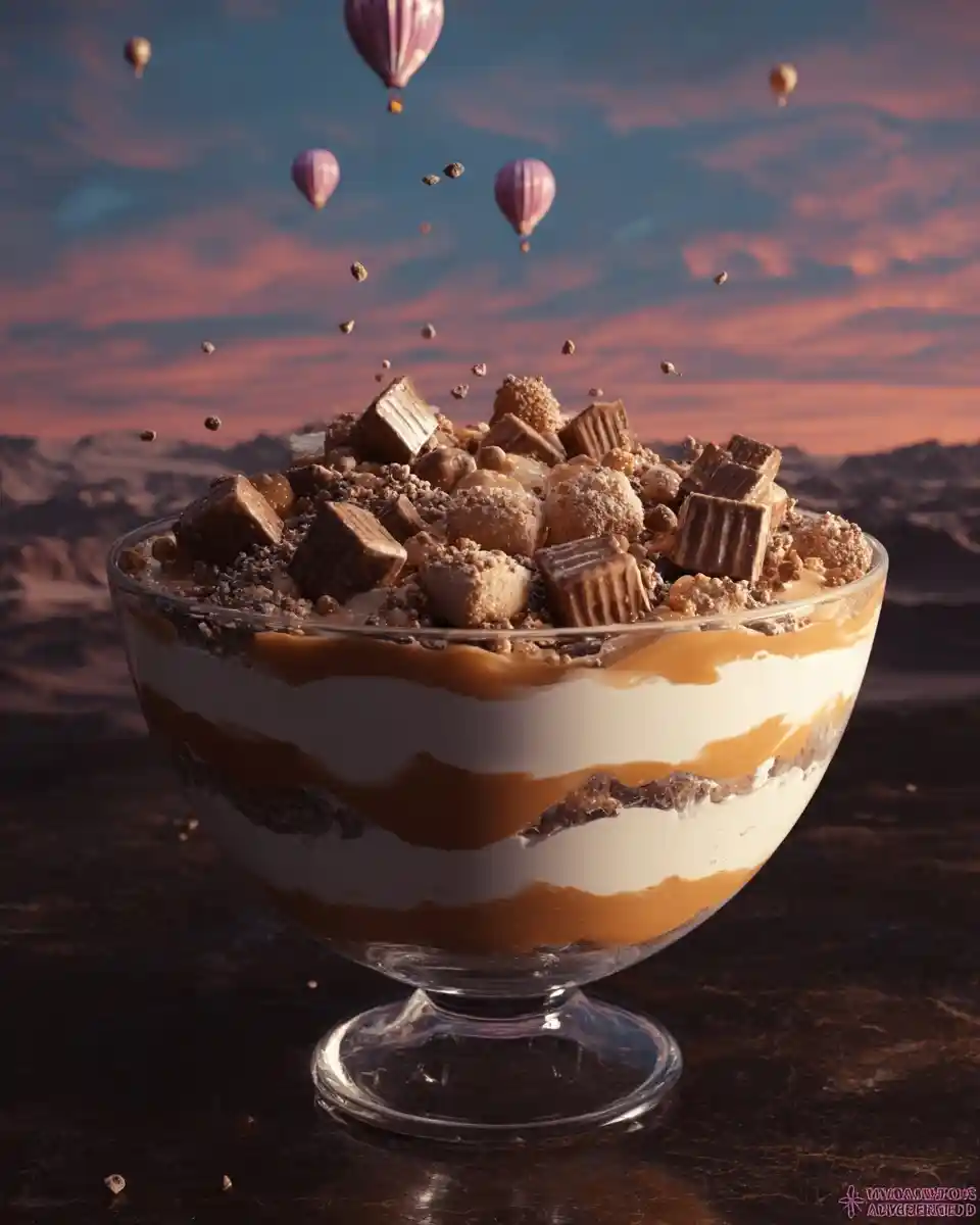 A layered {{ $('Fetch Recipe Data').first().json["Main Keyword"] }} in a glass bowl against a surreal desert sky.
