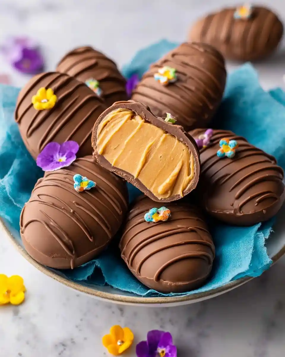 A bowl of chocolate {{ $('Fetch Recipe Data').first().json["Main Keyword"] }} topped with candy flowers, with one cut open to show the filling.