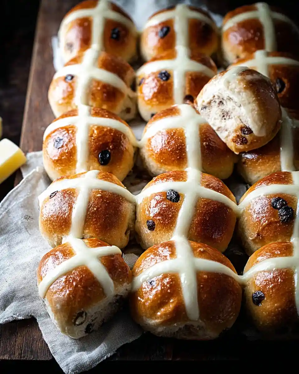 Freshly baked {{ $('Fetch Recipe Data').first().json["Main Keyword"] }} with white icing crosses on a wooden board.