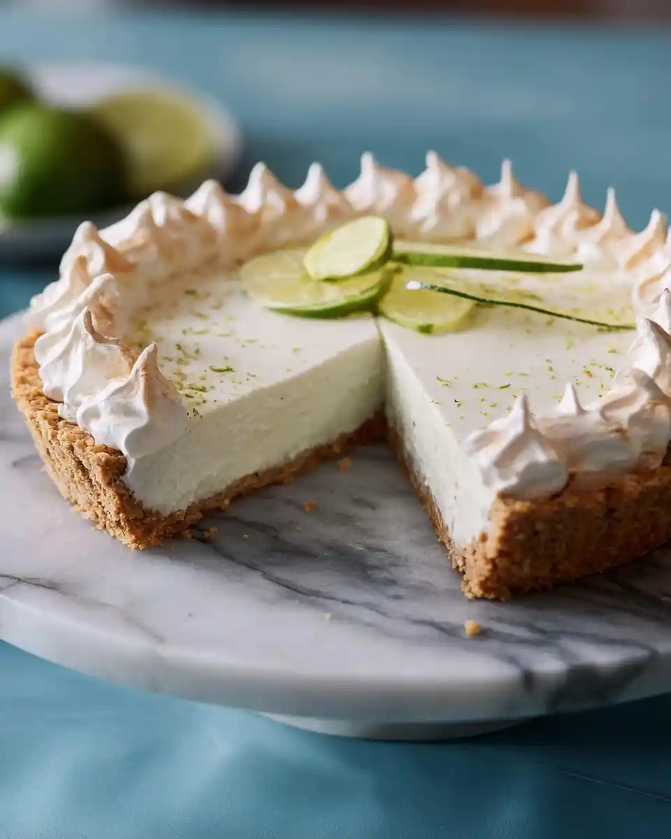 A delicious Key lime pie with a slice missing, topped with toasted meringue and lime slices on a marble stand.