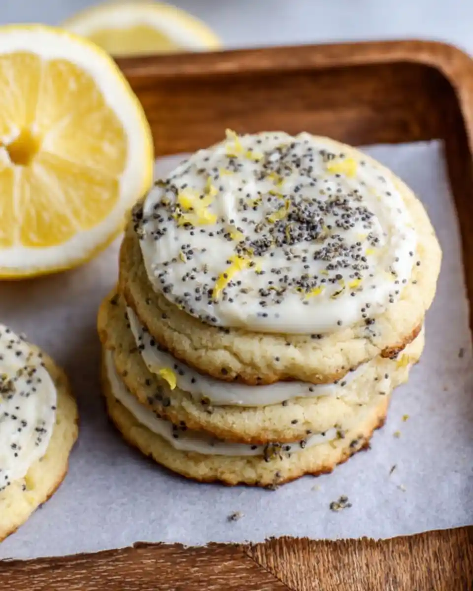 A stack of frosted lemon poppy seed cookies sprinkled with zest on a wooden tray.
