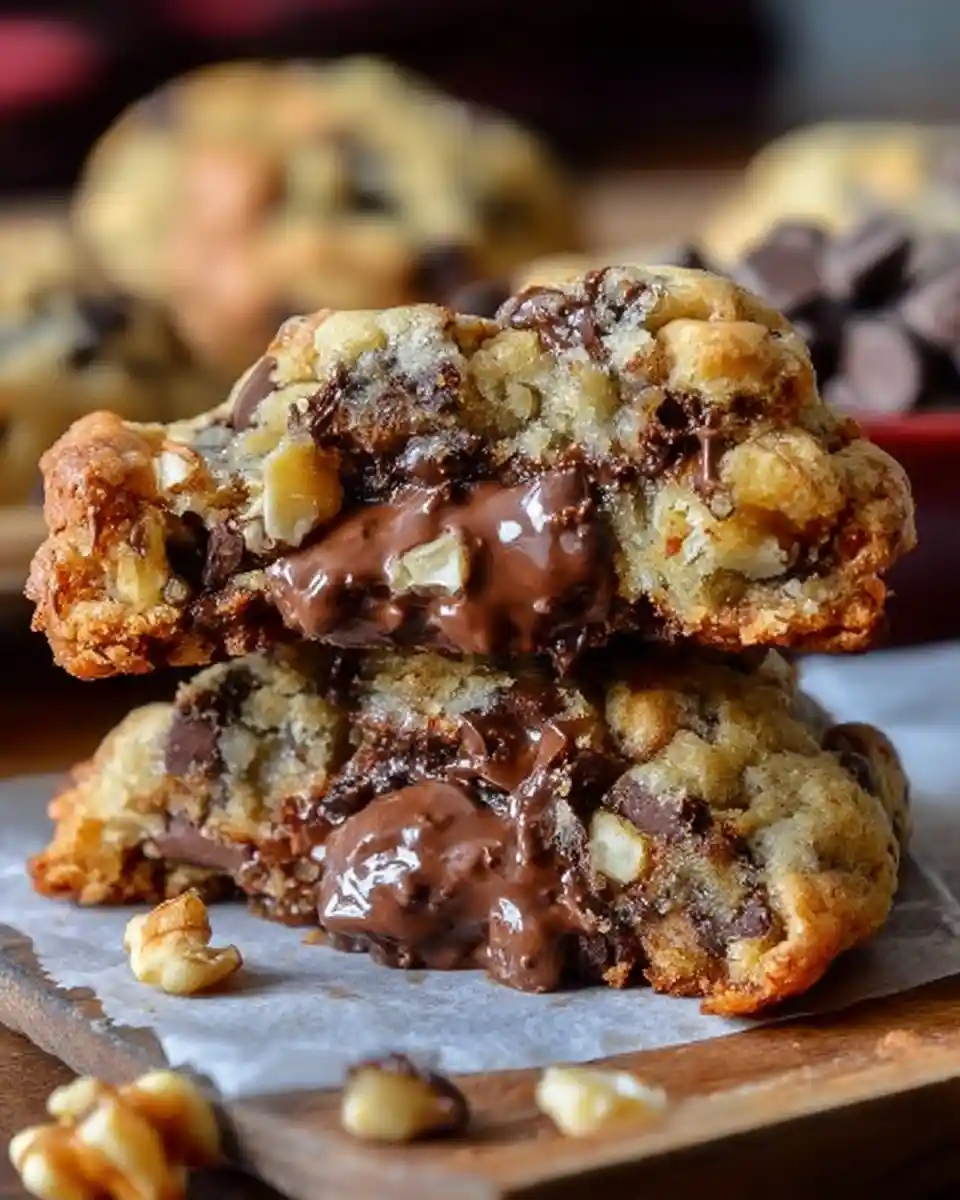 Stacked halves of thick chocolate chip cookies revealing a gooey melted chocolate and walnut center.