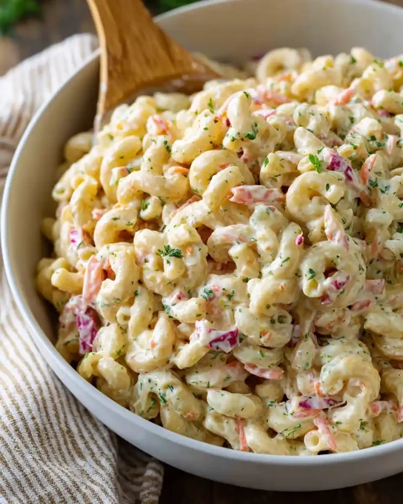 A large white bowl filled with creamy macaroni salad, featuring carrots and red onions, with a wooden spoon.