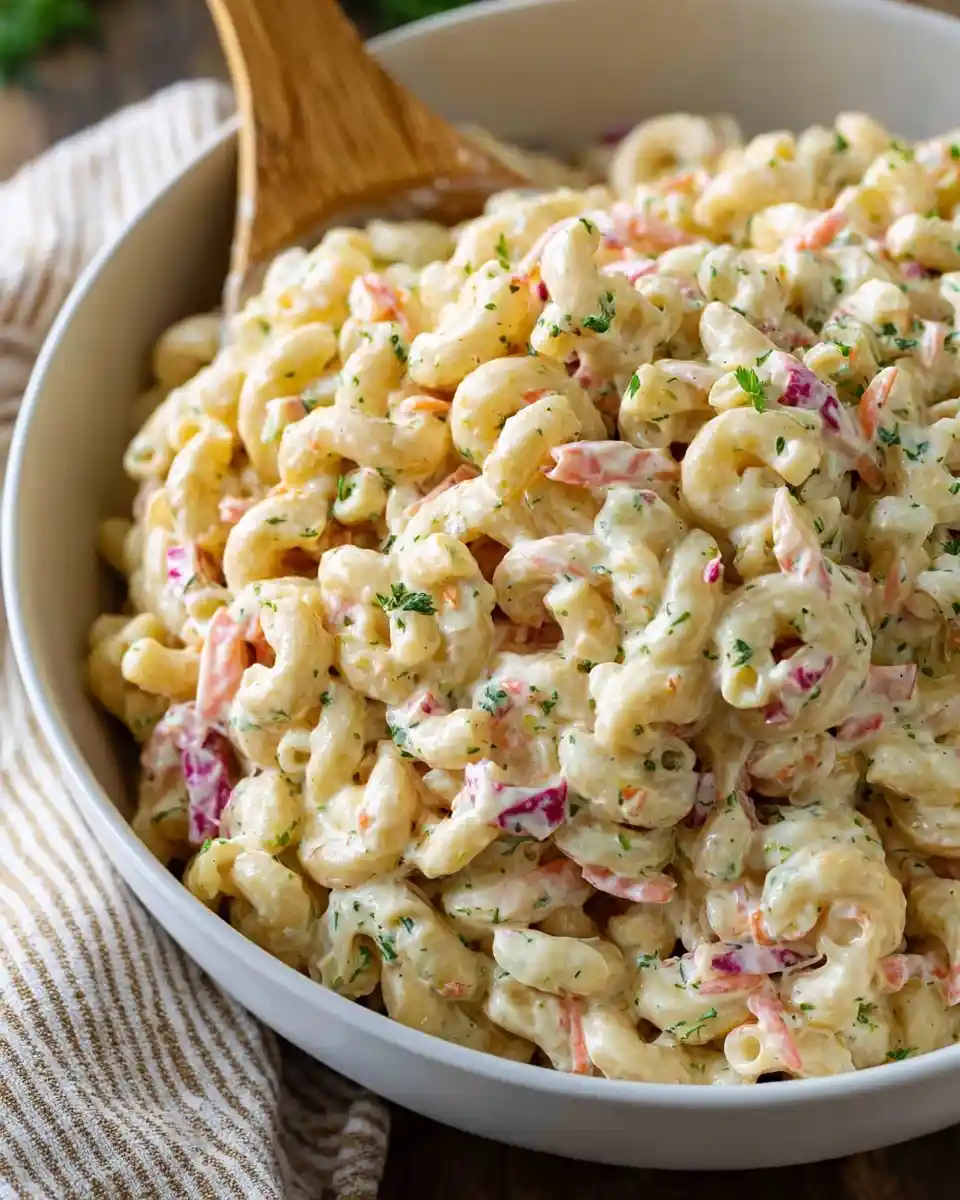 A large white bowl filled with creamy macaroni salad, featuring carrots and red onions, with a wooden spoon.