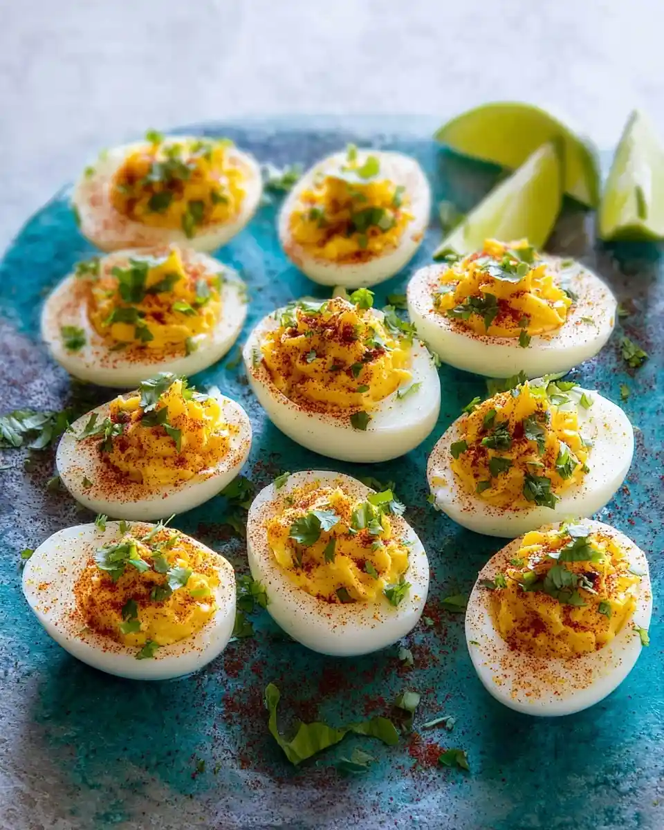 A blue platter serving deviled eggs garnished with paprika, fresh cilantro, and lime wedges.
