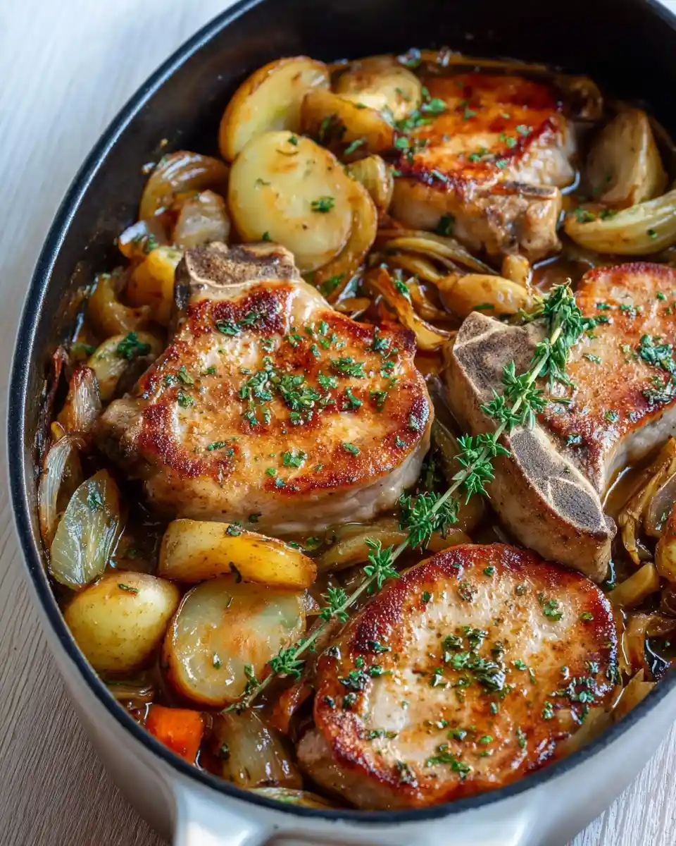 A dark baking dish filled with golden baked pork chops, roasted potatoes, onions, and fresh thyme.