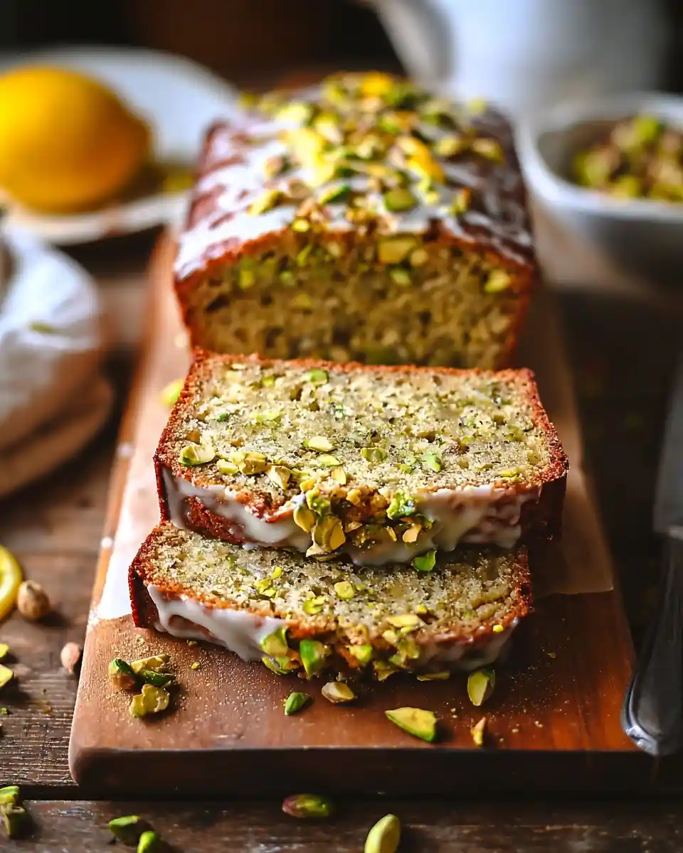 A freshly sliced {{ $('Fetch Recipe Data').first().json["Main Keyword"] }} with white icing and pistachios.