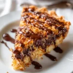 A close-up slice of {{ $('Fetch Recipe Data').first().json["Main Keyword"] }} with toasted coconut and chocolate drizzle.