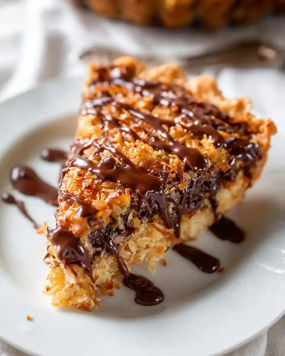 A close-up slice of {{ $('Fetch Recipe Data').first().json["Main Keyword"] }} with toasted coconut and chocolate drizzle.