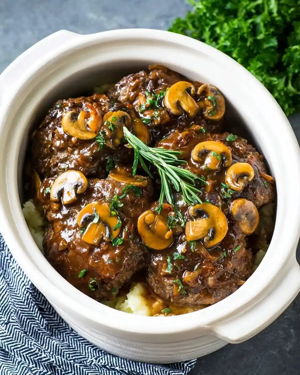 A serving of {{ $('Fetch Recipe Data').first().json["Main Keyword"] }} topped with mushroom gravy over mashed potatoes.