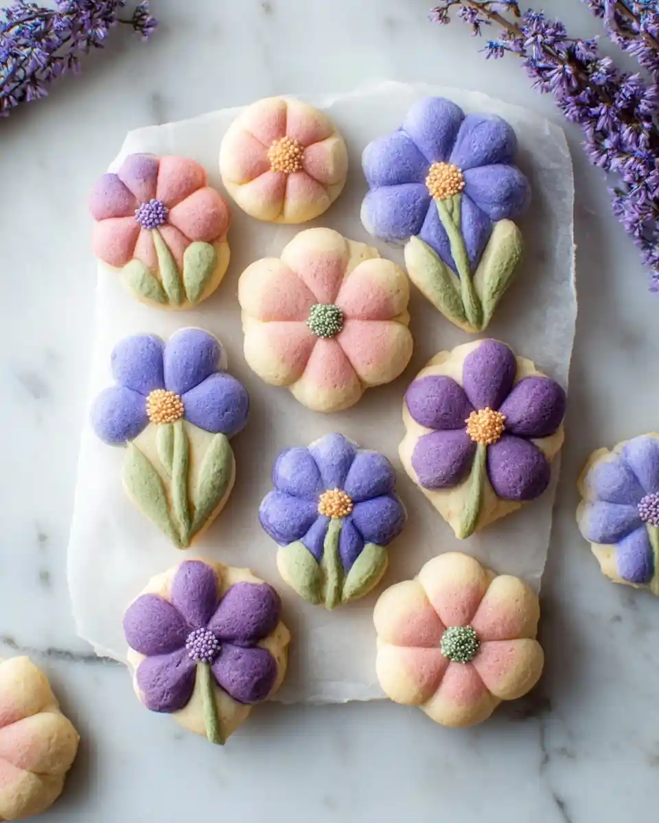 Beautifully baked {{ $('Fetch Recipe Data').first().json["Main Keyword"] }} in pastel purple and pink colors on parchment.