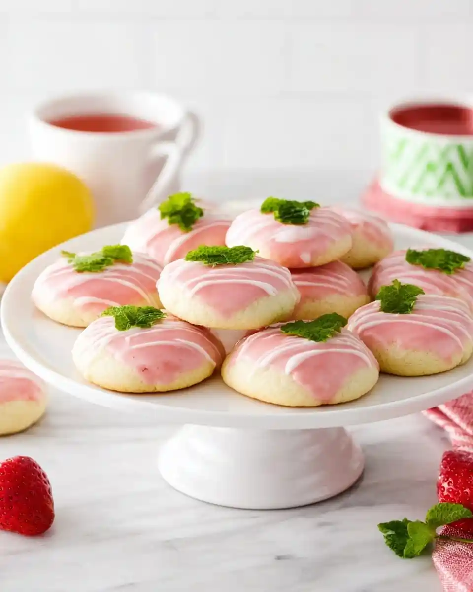 A white cake stand displaying soft strawberry lemonade cookies with pink glaze and fresh mint.