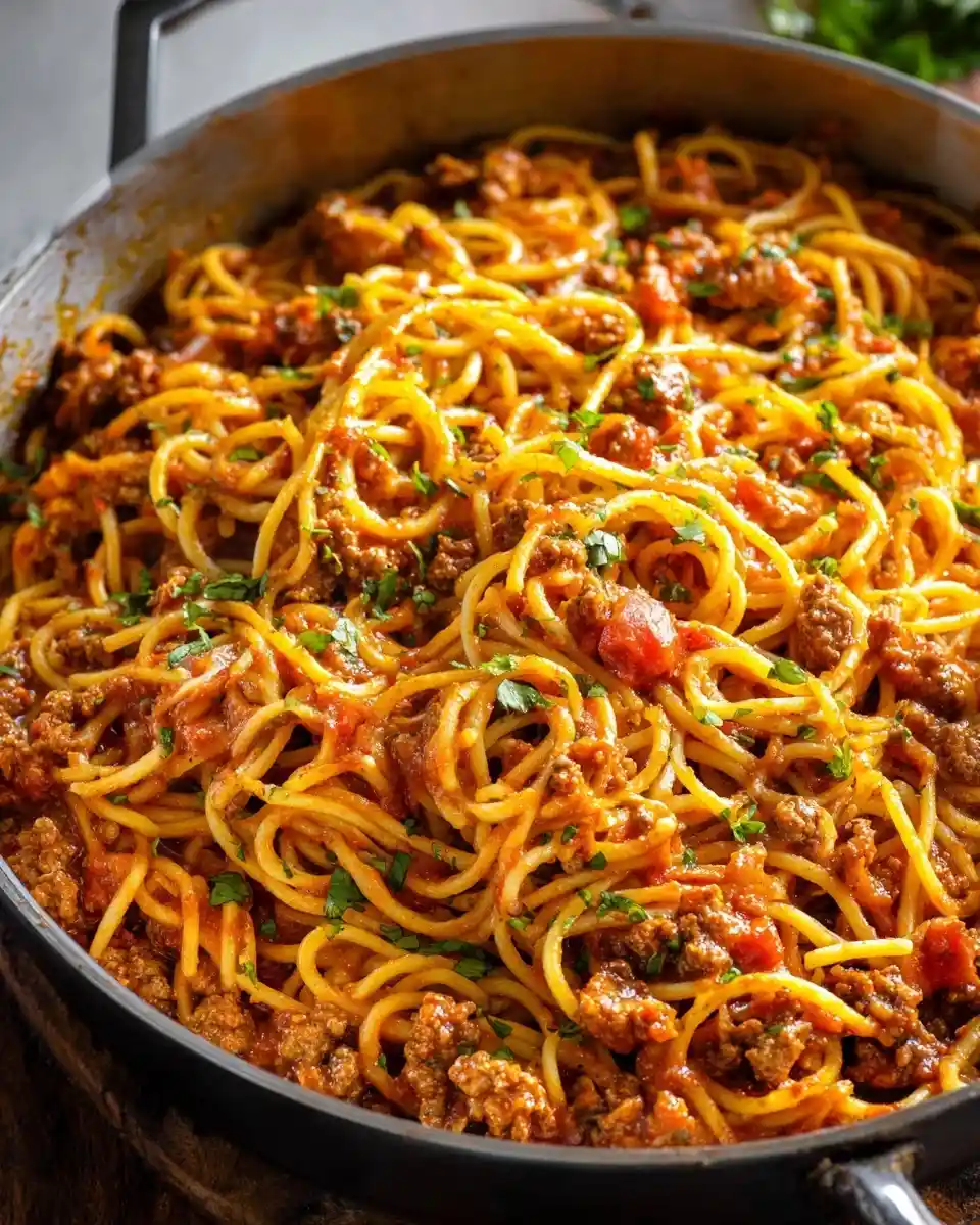 A large pan of freshly cooked spaghetti with meat sauce, garnished with chopped parsley.